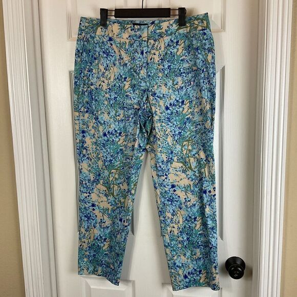 Talbots Signature 12 Blue Watercolor Floral Pant Mid Rise Ankle Career Casual U3 - Picture 2 of 12